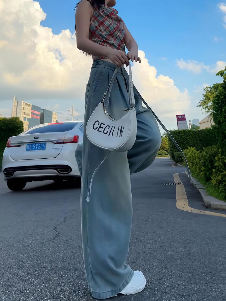 Tencel Jeans for Women, Summer Thin Style, 2025 New High-Waisted Plus Size, Drapey Drawstring Soft Ice Silk Wide-Leg Pants