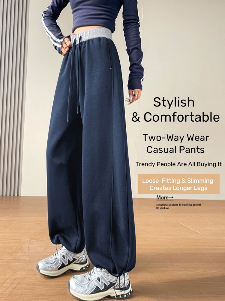 Navy Blue American Sports Pants Women's Autumn Patchwork high waist Jogger Pants Wide Leg Machete Banana Pants