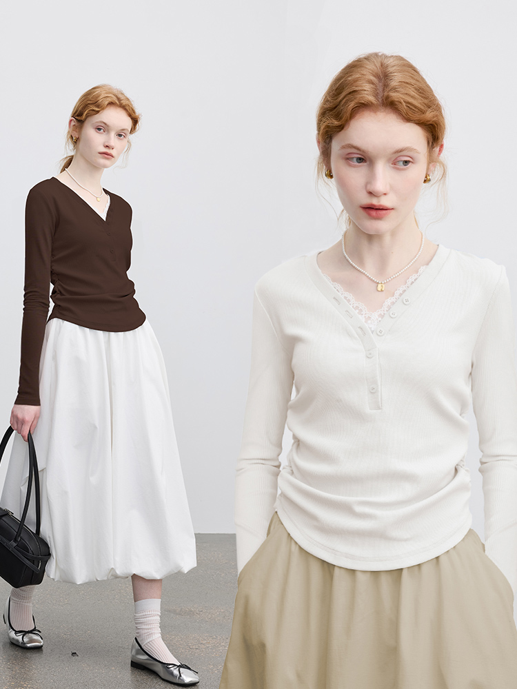 French-Style V-Neck Lace Long-Sleeve T-Shirt for Women, Early Autumn 2025 New Design, Slim-Fit Short Top for Layering