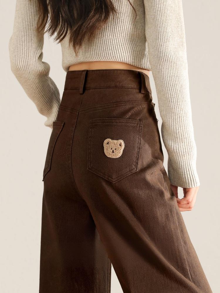Brown Wide-Leg Jeans for Women, Autumn 2025 New Style, Petite High-Waisted Loose Fit, Slim Straight-Leg Pants