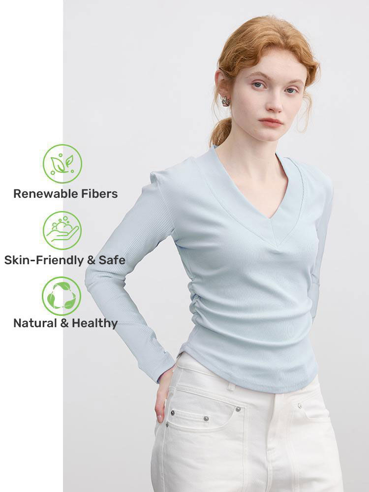 V-Neck Waist-Cinching Long-Sleeve T-Shirt for Women, 2025 Early Autumn New Style, Solid Color, Simple, Slim-Fit, Ruched Short Base Shirt Top