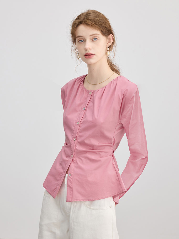 French Back Shoelace Waist Round Neck Long sleeves Shirt Women's Early Autumn New arrival silm ruched Strap Shirt Tops