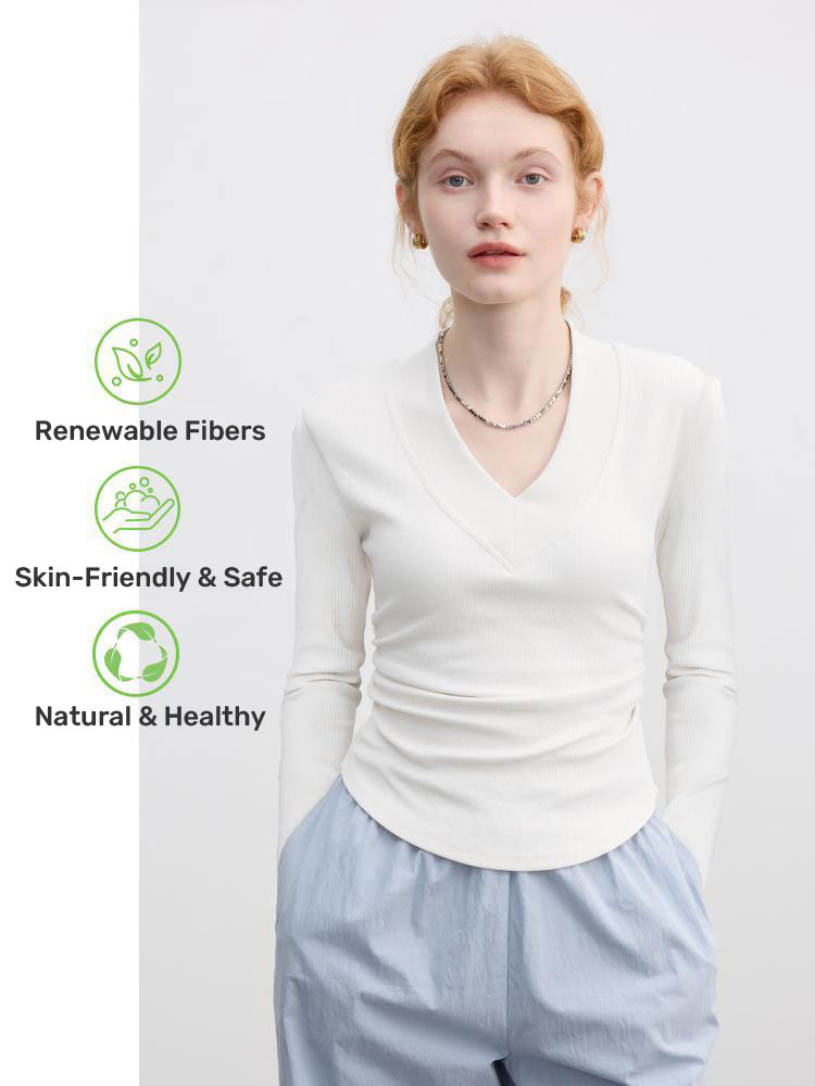 White V Neck Long sleeves T-shirt Women's Early Autumn New arrival pure color Minimalist silm Waist Short Inner Base Shirt Tops