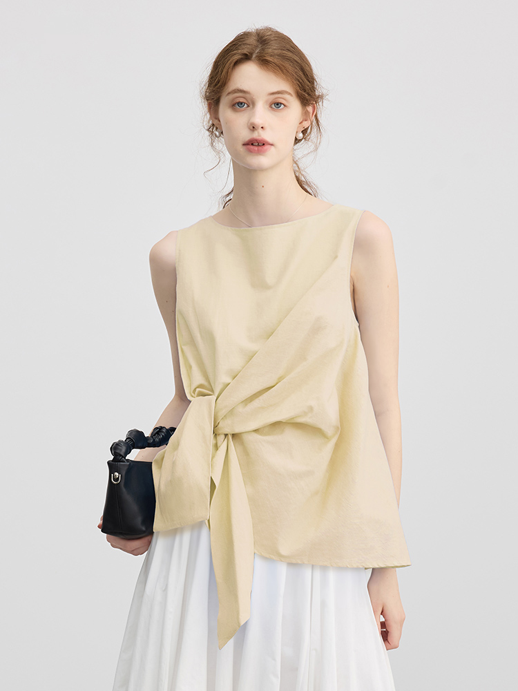 Designed Twist-Knit Linen Sleeveless Shirt for Women, Summer 2025 New Style, Round Neck, Tie-Up, Irregular Vest Top