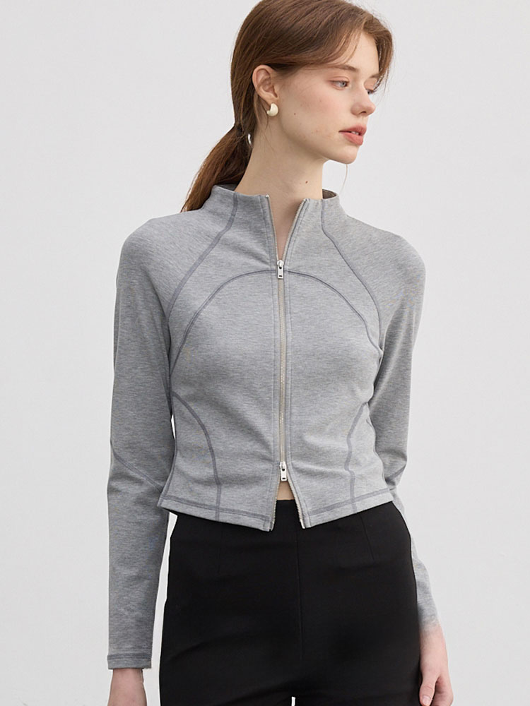 Gray Stand Collar Double Zipper Long-Sleeved T-Shirt for Women Autum New American Retro Slim Yoga Sports Short Top