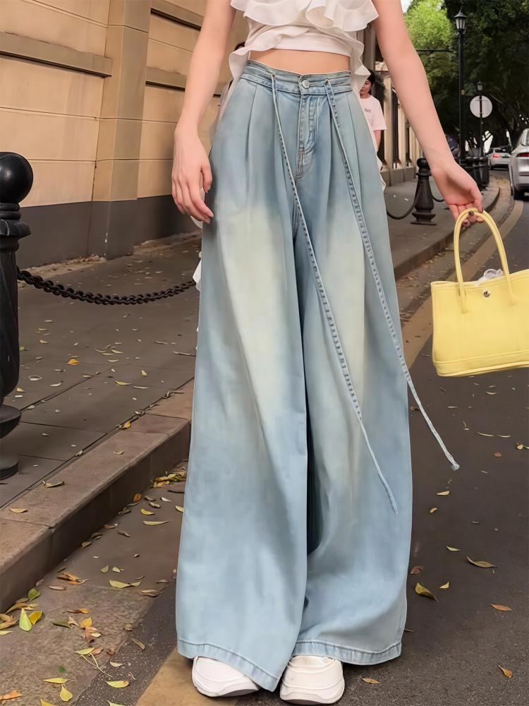 Tencel Jeans for Women, Summer Thin Style, 2025 New High-Waisted Plus Size, Drapey Drawstring Soft Ice Silk Wide-Leg Pants