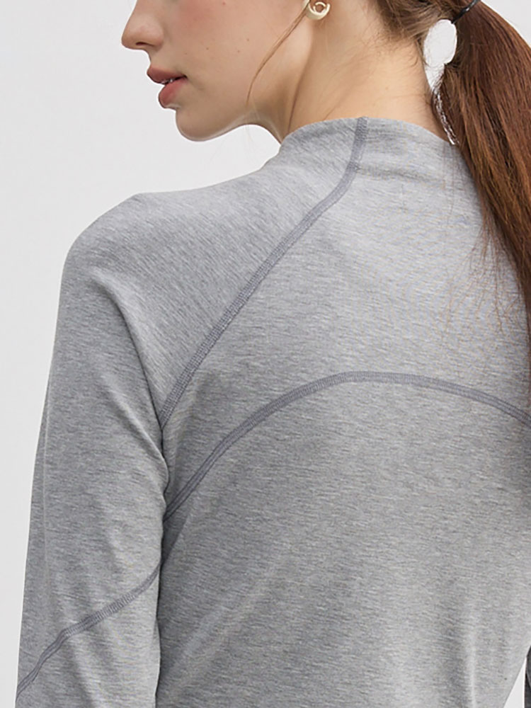 Gray Stand Collar Double Zipper Long-Sleeved T-Shirt for Women Autum New American Retro Slim Yoga Sports Short Top