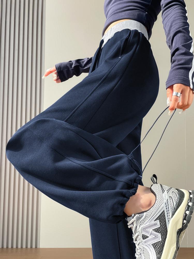 Navy Blue American Sports Pants Women's Autumn Patchwork high waist Jogger Pants Wide Leg Machete Banana Pants