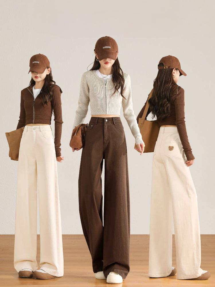 Brown Wide-Leg Jeans for Women, Autumn 2025 New Style, Petite High-Waisted Loose Fit, Slim Straight-Leg Pants
