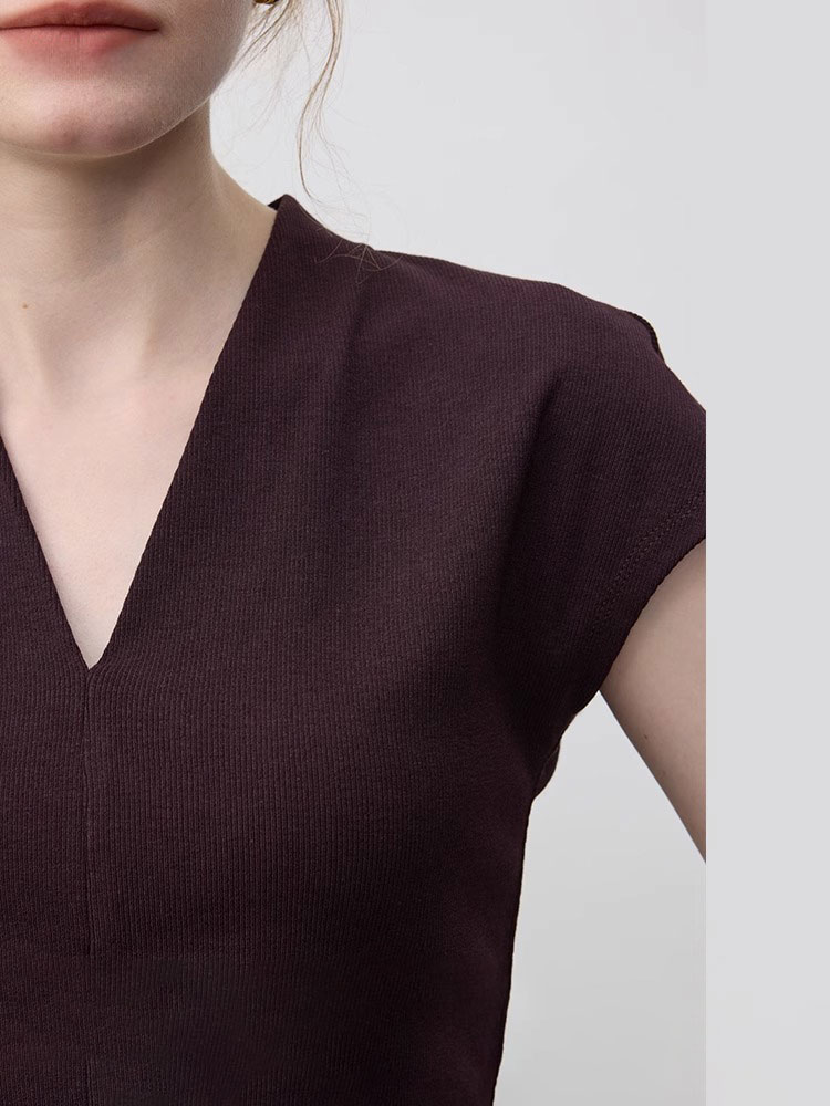 V Neck Ice Silk Knitted Short-Sleeved T-Shirt for Women in Summer Pure Color Simple Slimming Look Elegant High-End Small Flying Sleeve Top