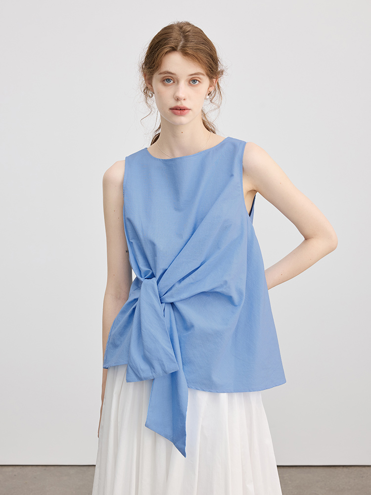 Designed Twist-Knit Linen Sleeveless Shirt for Women, Summer 2025 New Style, Round Neck, Tie-Up, Irregular Vest Top