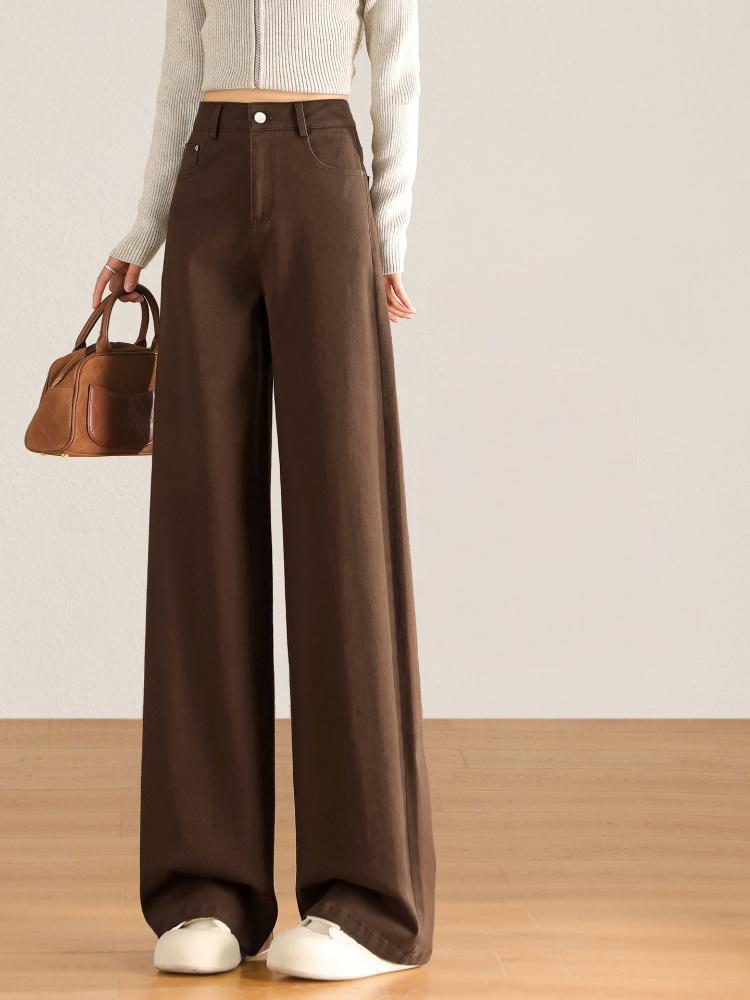 Brown Wide-Leg Jeans for Women, Autumn 2025 New Style, Petite High-Waisted Loose Fit, Slim Straight-Leg Pants