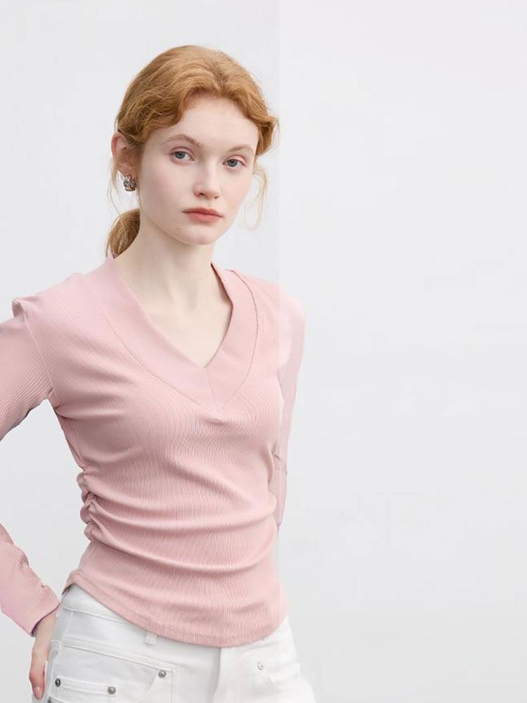 White V Neck Long sleeves T-shirt Women's Early Autumn New arrival pure color Minimalist silm Waist Short Inner Base Shirt Tops