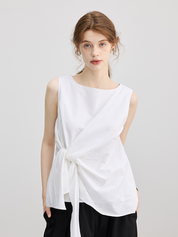 Designed Twist-Knit Linen Sleeveless Shirt for Women, Summer 2025 New Style, Round Neck, Tie-Up, Irregular Vest Top
