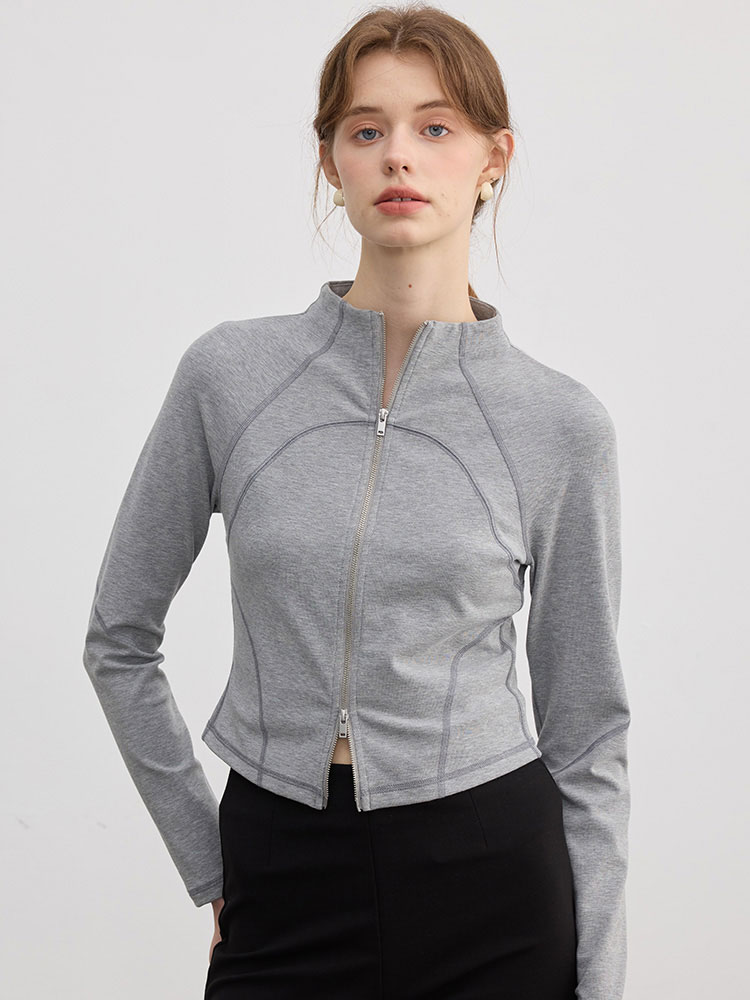 Gray Stand Collar Double Zipper Long-Sleeved T-Shirt for Women Autum New American Retro Slim Yoga Sports Short Top