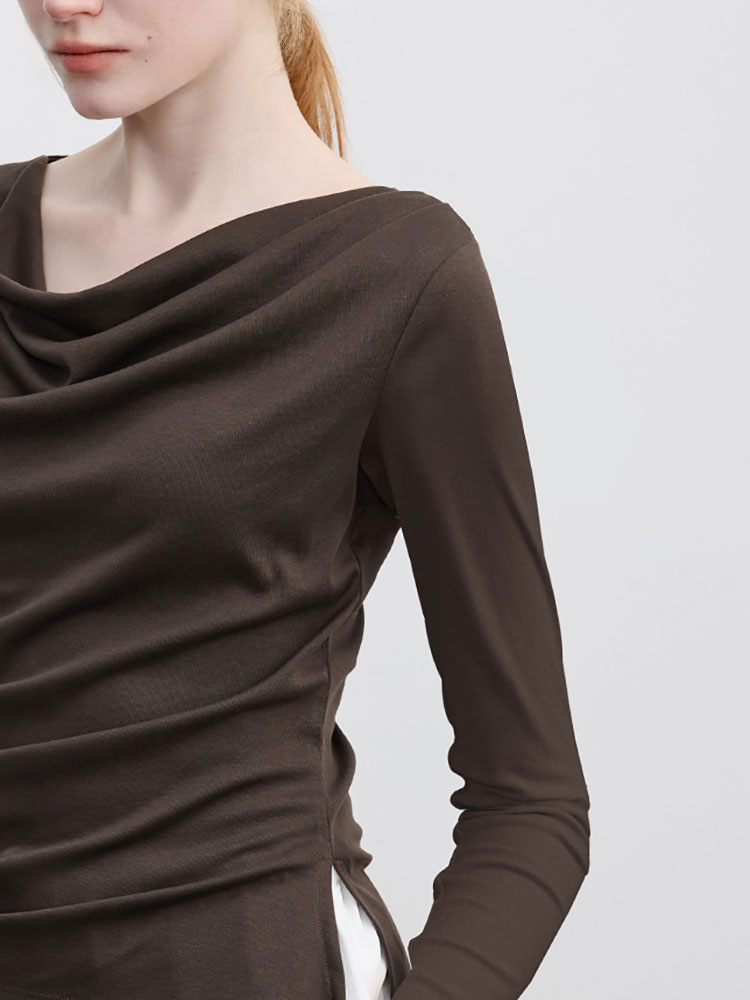 Lyocell Off-Shoulder Long-Sleeve T-Shirt for Women, Early Autumn, Irregular Slim-Fit Waist-Cinching Inner Layer Top