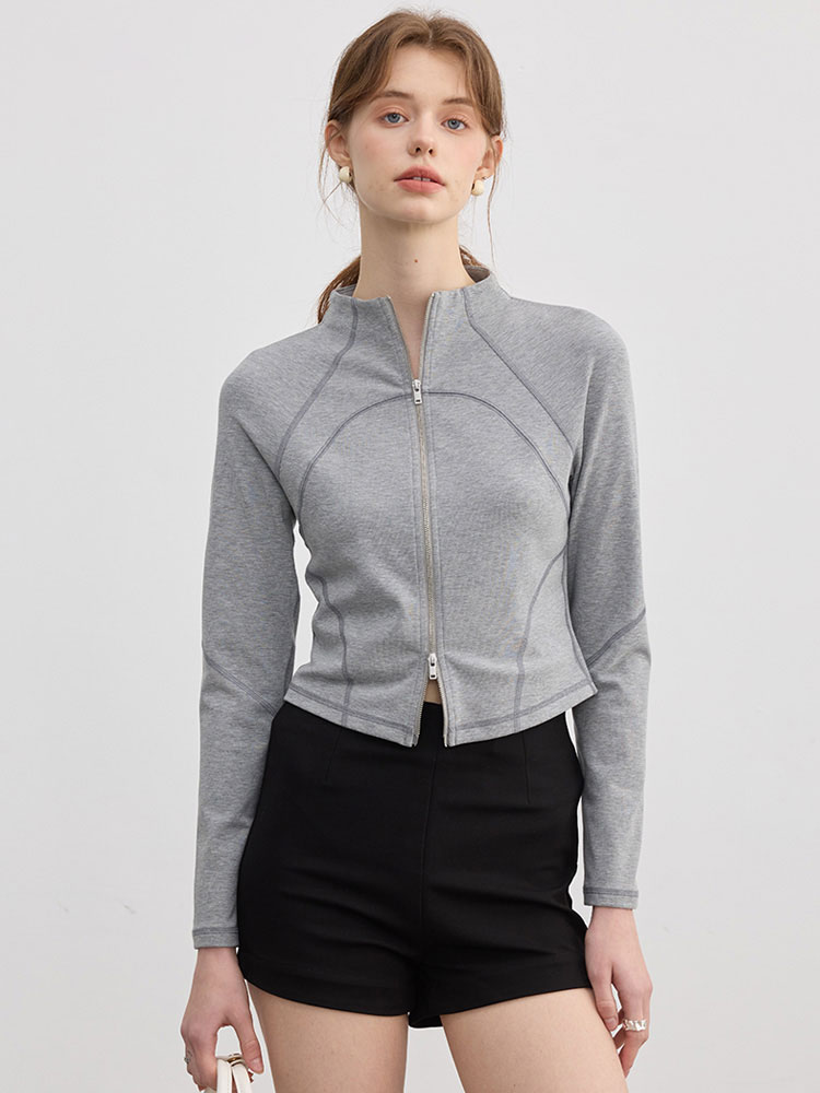 Gray Stand Collar Double Zipper Long-Sleeved T-Shirt for Women Autum New American Retro Slim Yoga Sports Short Top