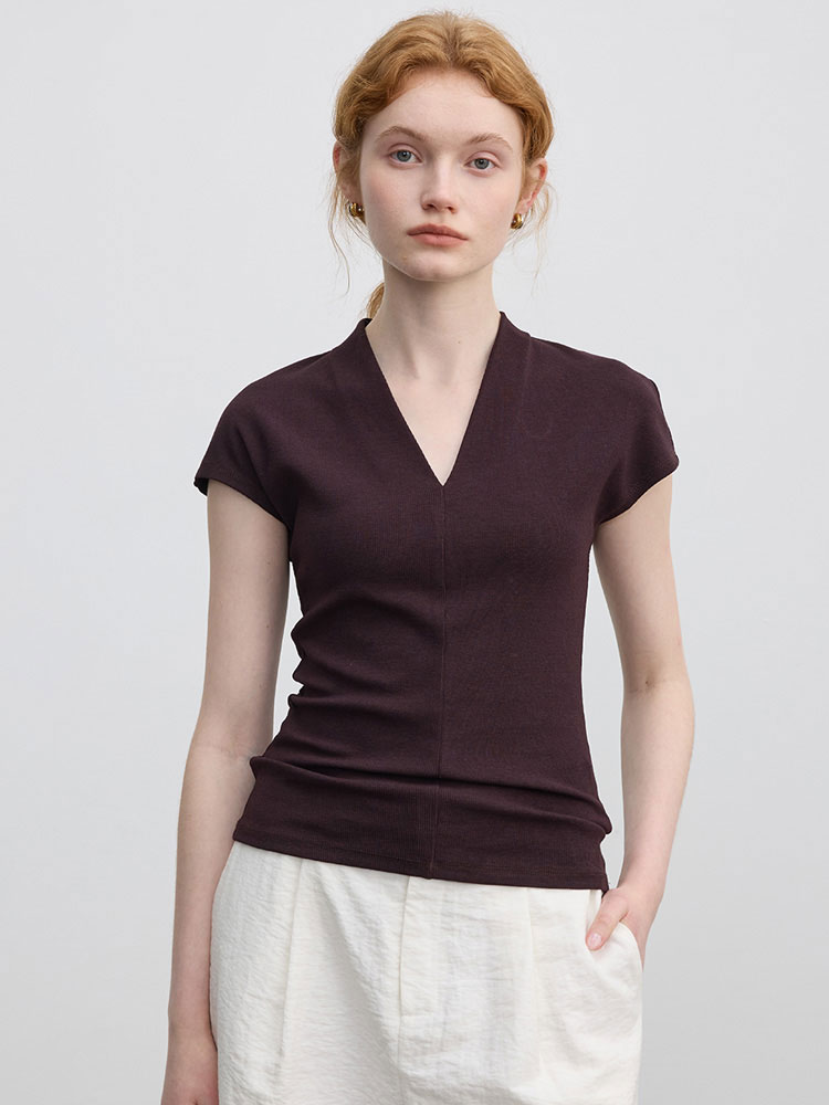 V Neck Ice Silk Knitted Short-Sleeved T-Shirt for Women in Summer Pure Color Simple Slimming Look Elegant High-End Small Flying Sleeve Top