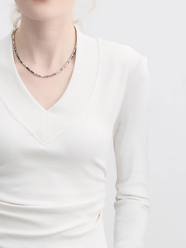 V-Neck Waist-Cinching Long-Sleeve T-Shirt for Women, 2025 Early Autumn New Style, Solid Color, Simple, Slim-Fit, Ruched Short Base Shirt Top