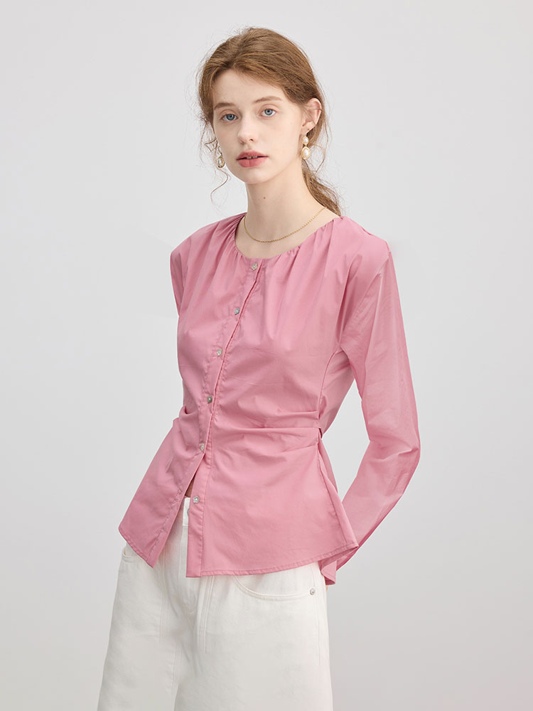 French Back Shoelace Waist Round Neck Long sleeves Shirt Women's Early Autumn New arrival silm ruched Strap Shirt Tops