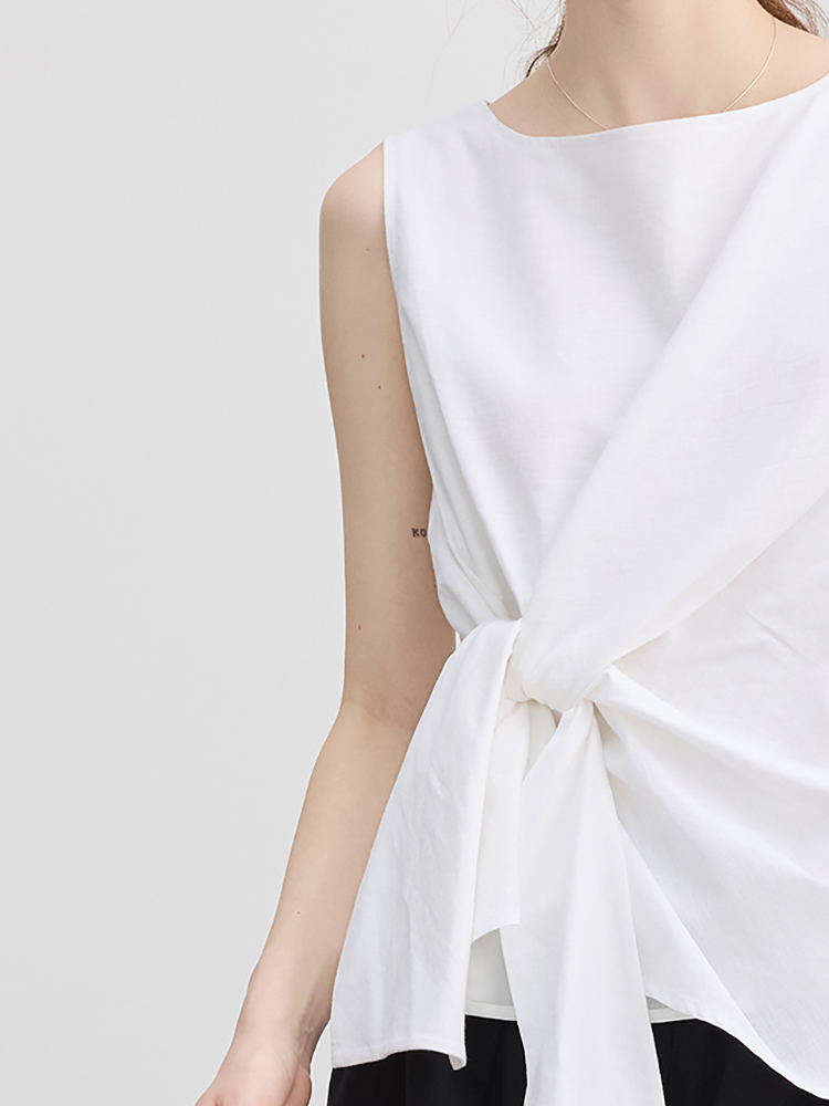 Designed Twist-Knit Linen Sleeveless Shirt for Women, Summer 2025 New Style, Round Neck, Tie-Up, Irregular Vest Top