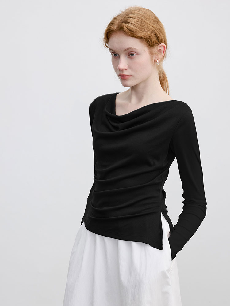 Lyocell Off-Shoulder Long-Sleeve T-Shirt for Women, Early Autumn, Irregular Slim-Fit Waist-Cinching Inner Layer Top