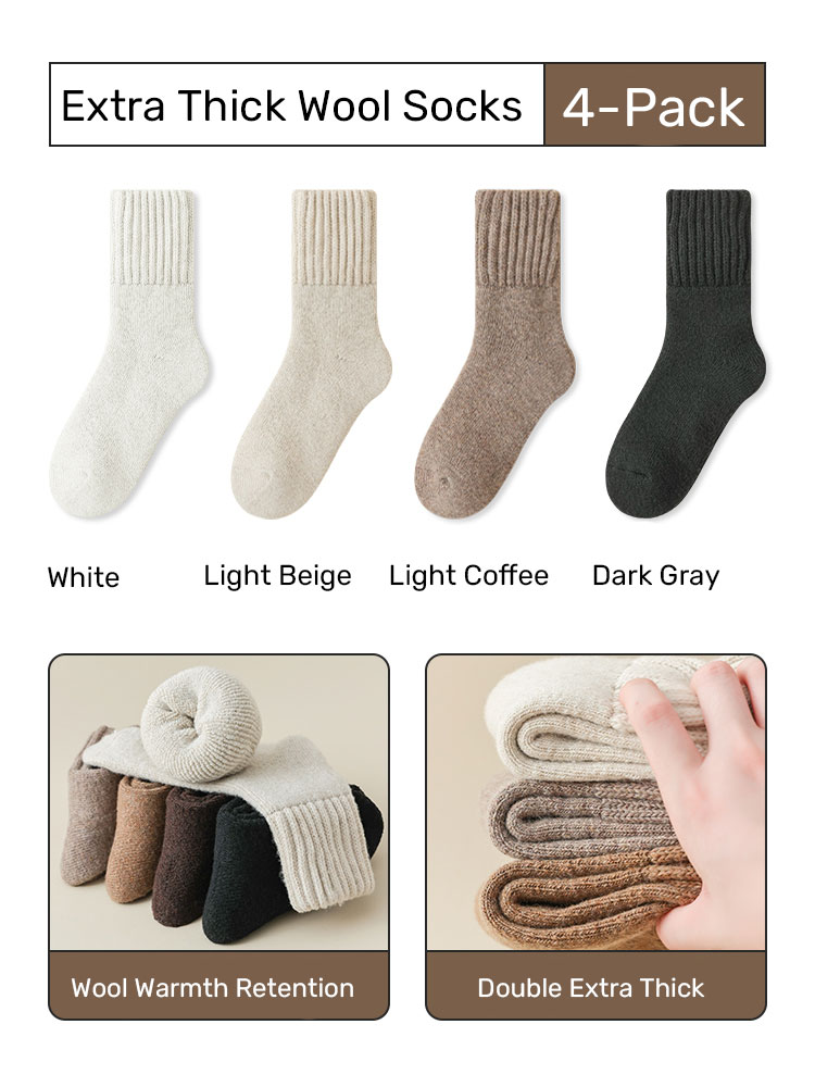 [4 Pairs]Extra Thick Wool Thermal Socks Set[White + Off-White + Light Brown + Dark Gray]