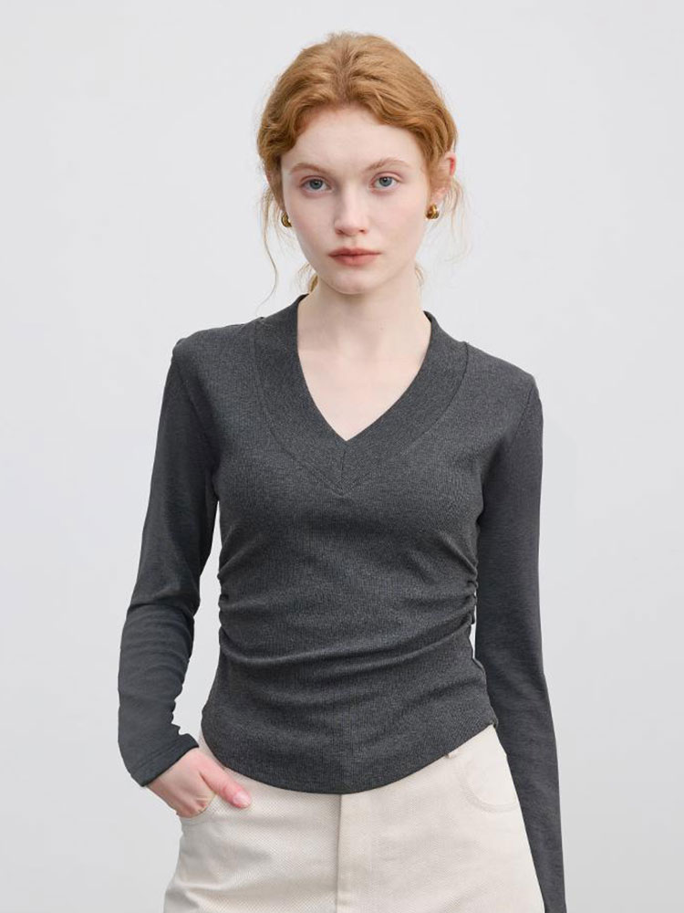 V-Neck Waist-Cinching Long-Sleeve T-Shirt for Women, 2025 Early Autumn New Style, Solid Color, Simple, Slim-Fit, Ruched Short Base Shirt Top