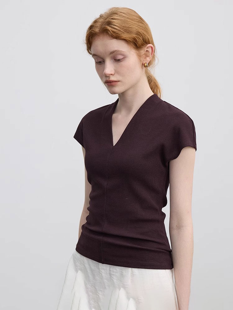 V Neck Ice Silk Knitted Short-Sleeved T-Shirt for Women in Summer Pure Color Simple Slimming Look Elegant High-End Small Flying Sleeve Top