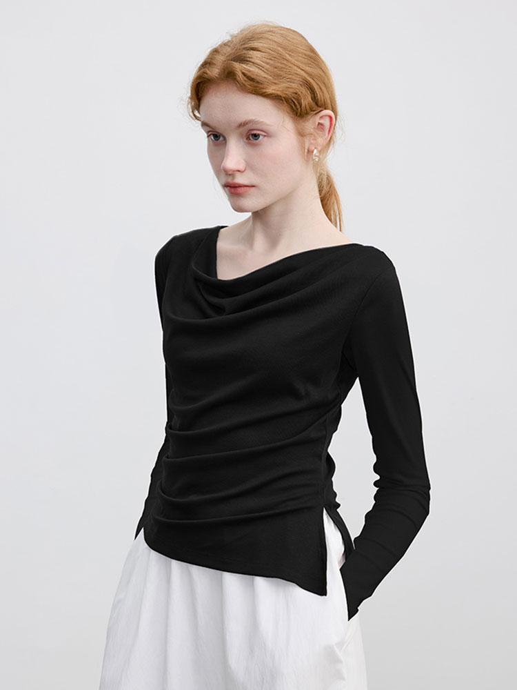 Lyocell Off-Shoulder Long-Sleeve T-Shirt for Women, Early Autumn, Irregular Slim-Fit Waist-Cinching Inner Layer Top