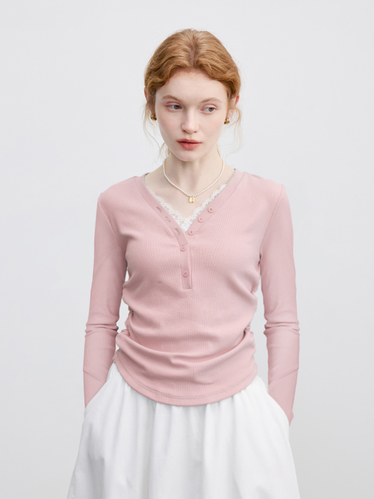 French-Style V-Neck Lace Long-Sleeve T-Shirt for Women, Early Autumn 2025 New Design, Slim-Fit Short Top for Layering