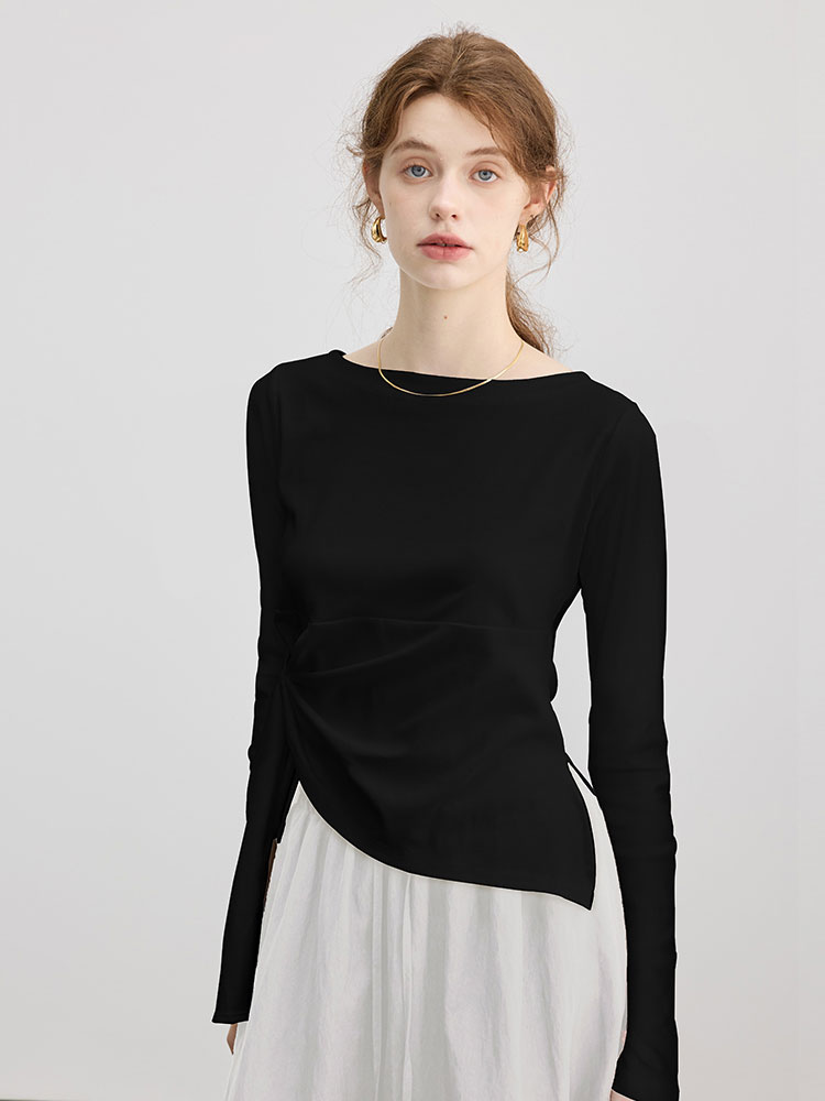 Black One-Shoulder Long-Sleeved T-Shirt for Women in Early Autumn with Asymmetrical Slit Design, Slim-Fitting Waist-Cinching Bottoming Shirt Top